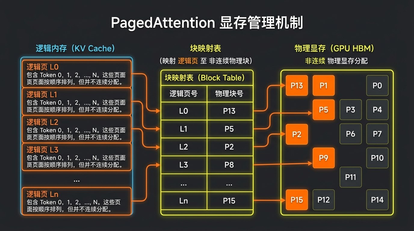 PagedAttention块表映射与内存分配